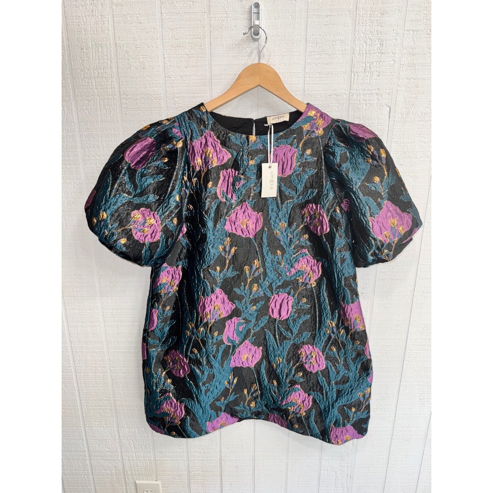 Umgee Floral Brocade Tunic/Dress Teal Purple Metallic Puff Sleeve Top NWT M